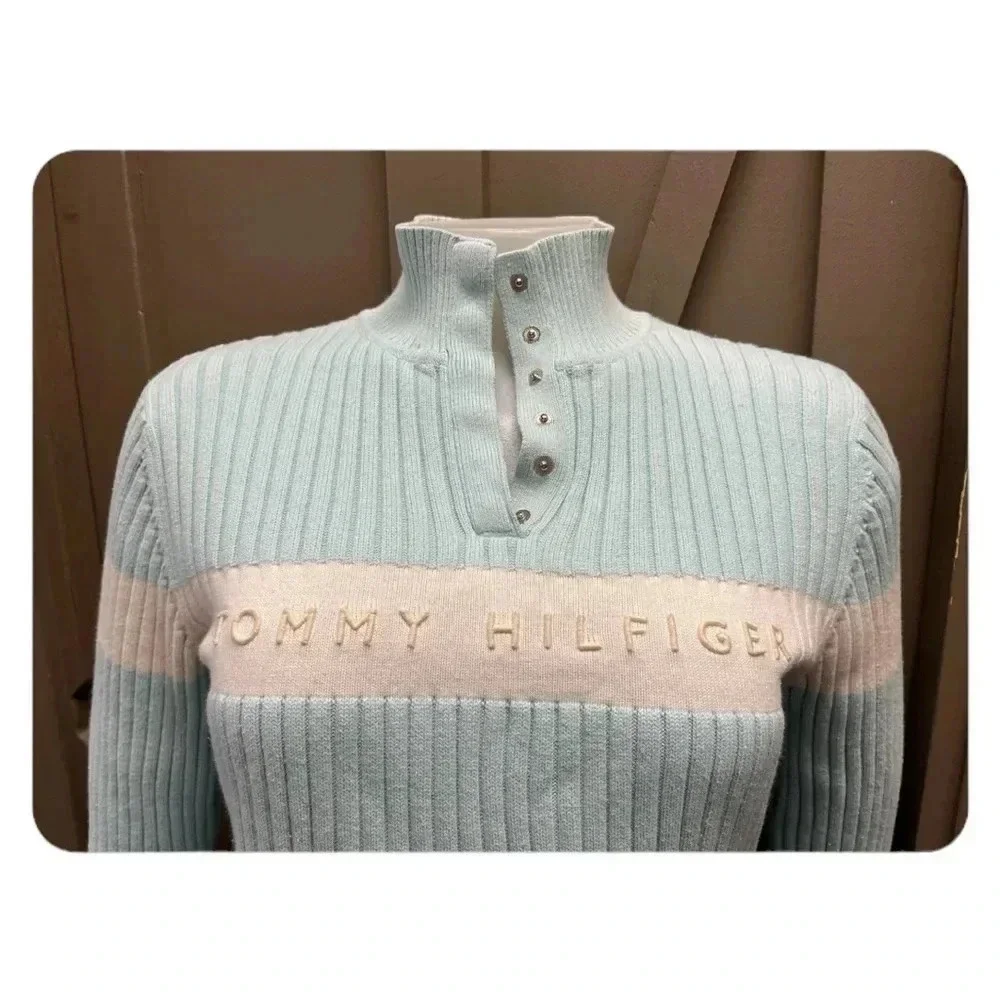 Tommy Hilfiger Vintage Ribbed Fitted  Blue White Sweater Size Large - Picture 4 of 10